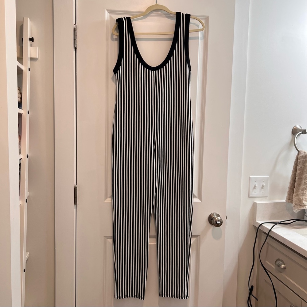 PrettyLittleThing Monochrome Striped Black and White Scoop Back Jumpsuit